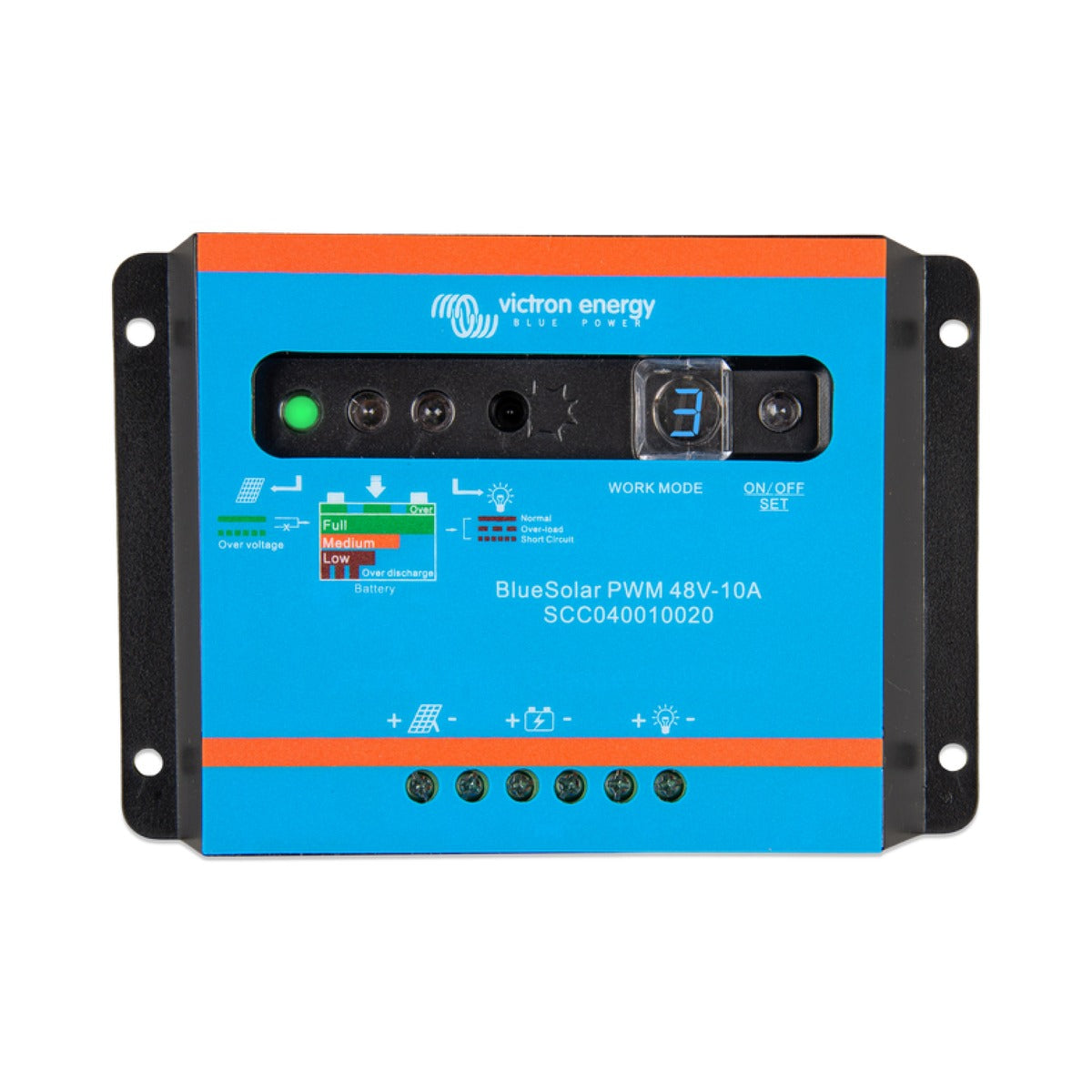Victron SCC040010020 BlueSolar PWM-Light 48 V 10 A, blue controller with orange bands, buttons and a display
