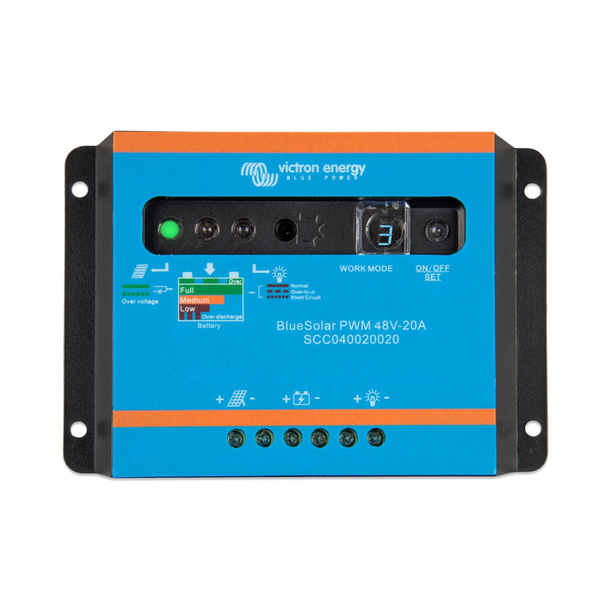 Victron SCC040020020 BlueSolar PWM-Light 48 V 20 A, blue controller with orange bands, buttons and a display