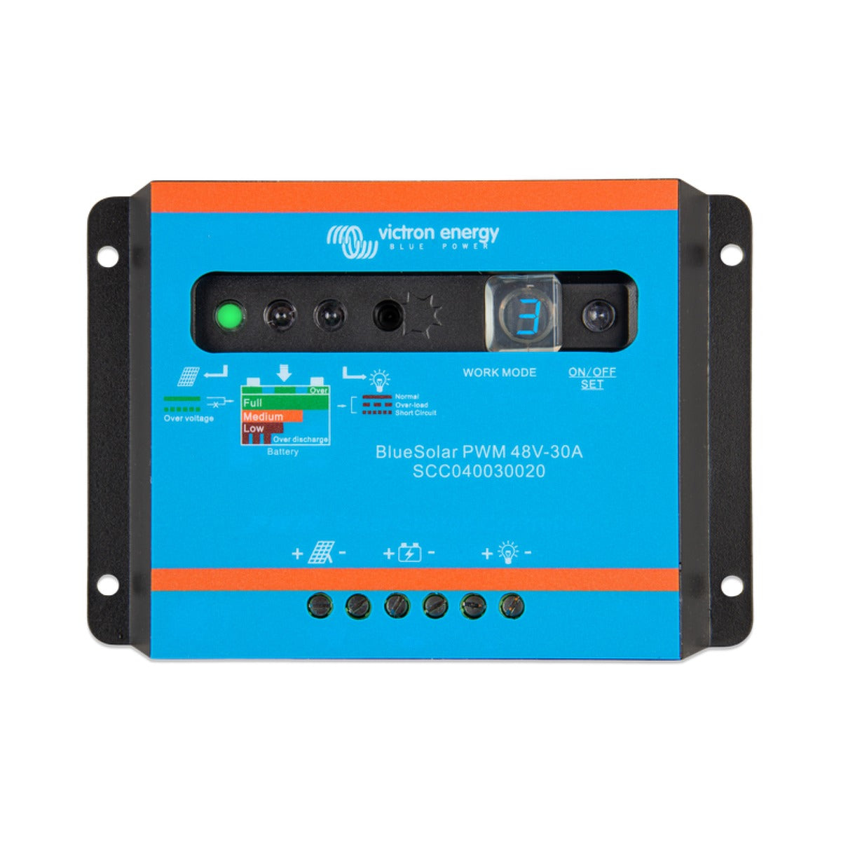 Victron SCC040030020 BlueSolar PWM-Light 48 V 30 A, blue controller with orange bands, buttons and a display