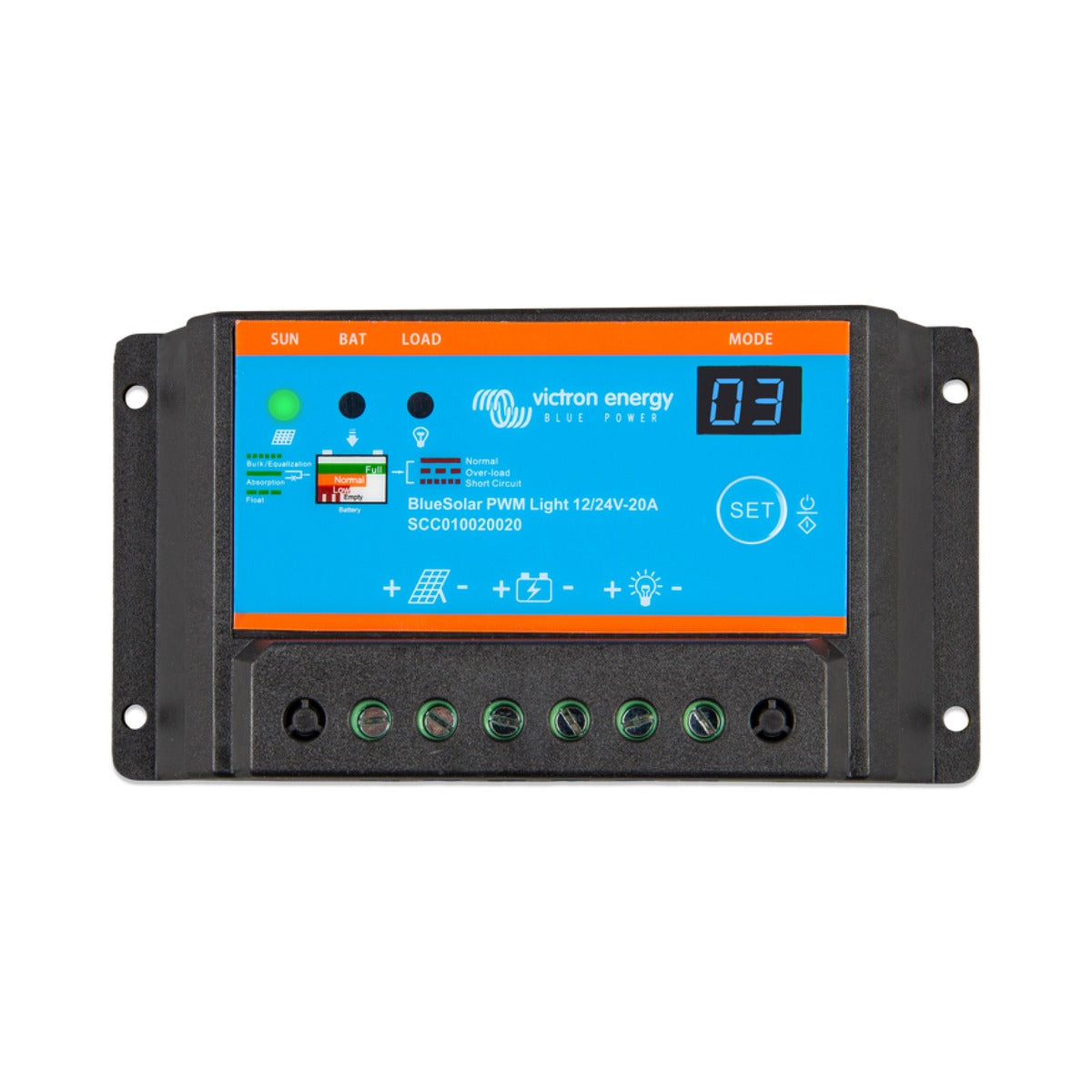Victron SCC010020020 BlueSolar PWM-Light 12/24 V 20 A, dark controller with an orange band, a display and terminals