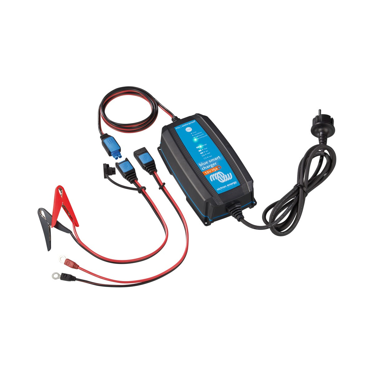 Victron BPC240531064R Blue Smart IP65 charger 24/5 230 V, small black and blue charger with battery clips and mains lead