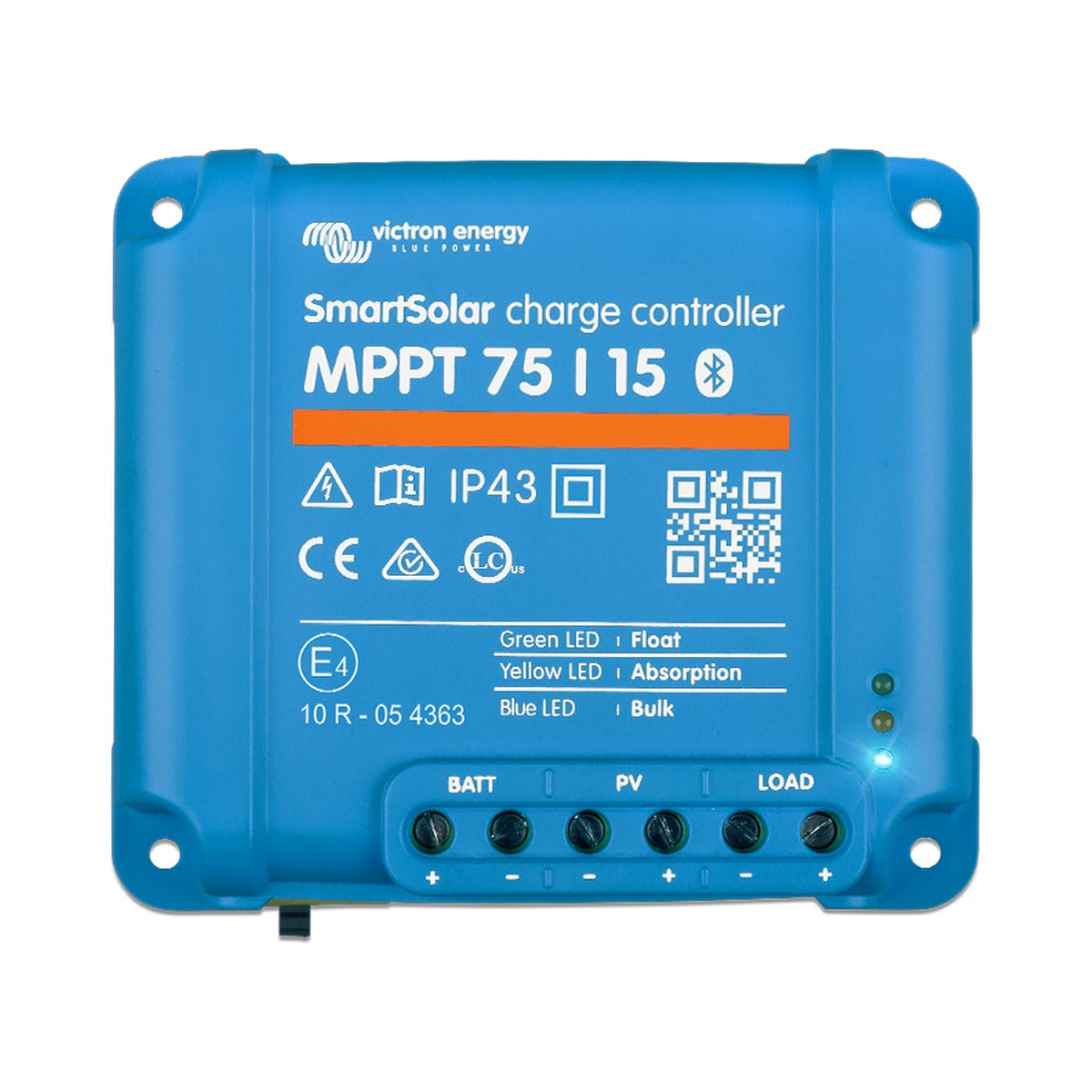 Victron SCC110020160R SmartSolar MPPT 100/20 charge controller, front view of a small blue case labelled MPPT 75/15