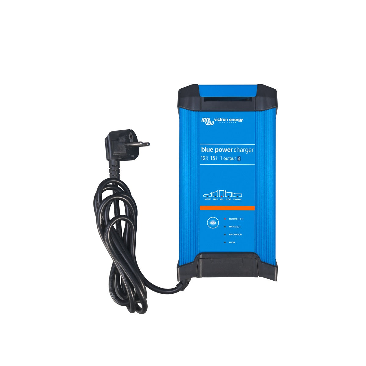 Victron BPC241648002 Blue Smart IP22 charger 24/16 (3), upright blue charger with a black mains lead and plug