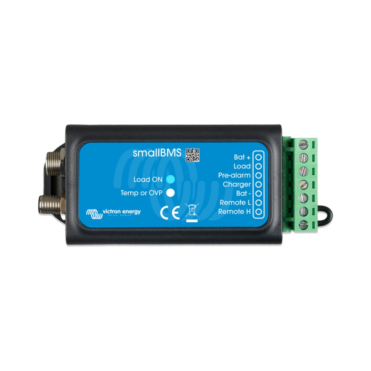 Victron BMS400100000 miniBMS, small blue module with a smallBMS label, status LEDs and a green terminal strip