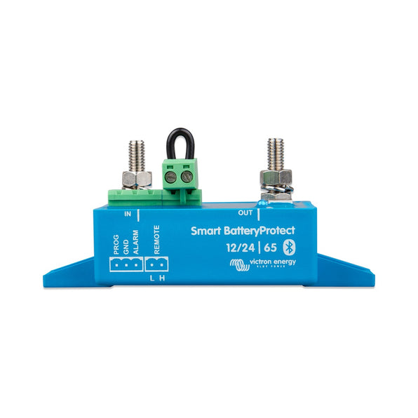 Victron BPR065022000 Smart BatteryProtect 12/24 V 65 A, front view of a blue unit with two studs and a green terminal