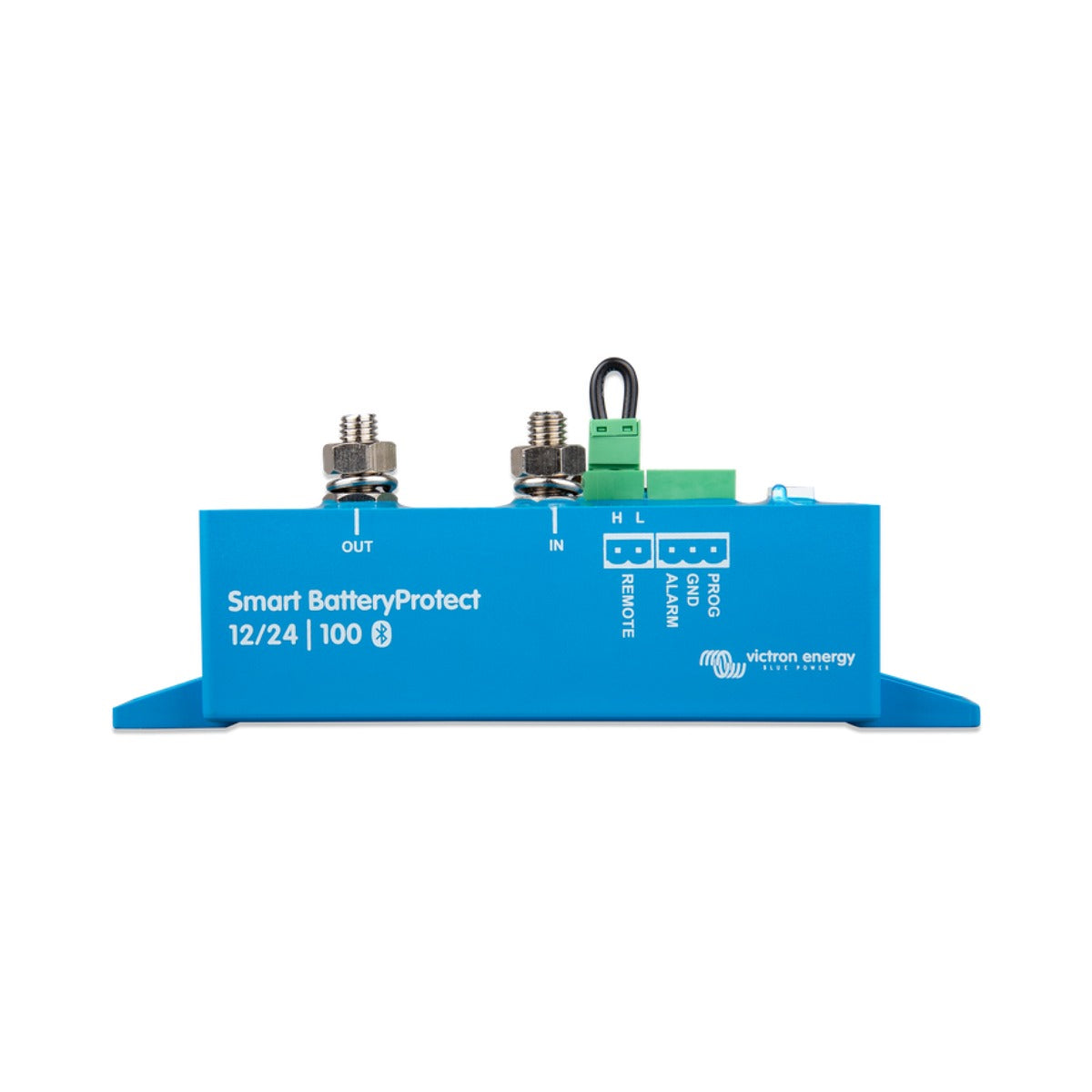 Victron BPR110022000 Smart BatteryProtect 12/24 V 100 A, side view of a blue unit with two studs and a green terminal
