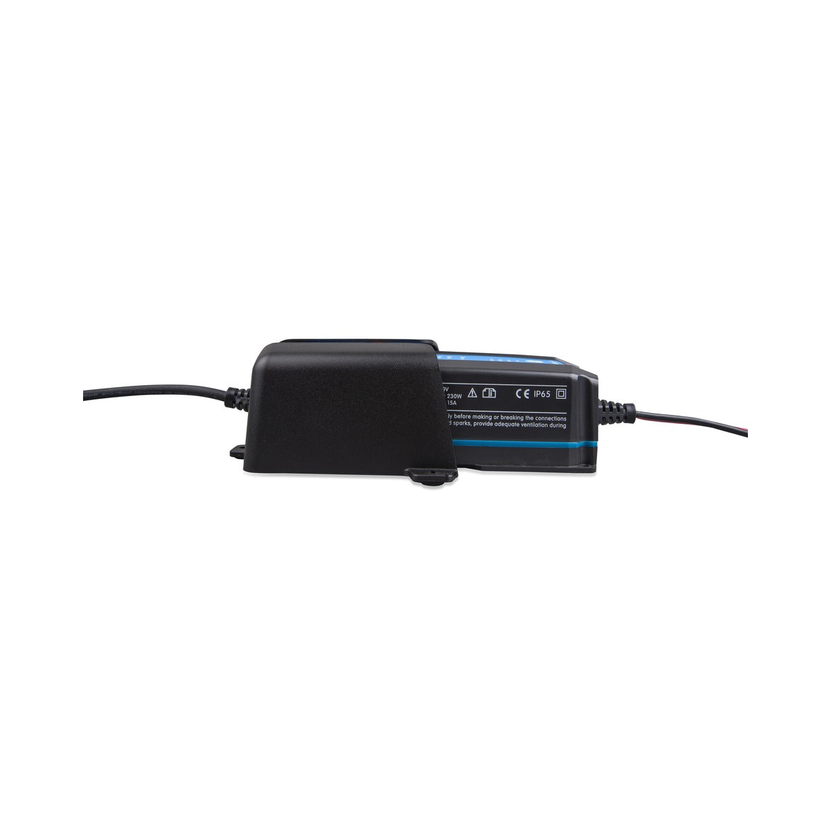 Victron BPC920100200 Blue Smart IP65 charger wall mount, black plastic holder with a small charger and lead seated in it