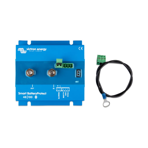 Victron BPR110048000 Smart BatteryProtect 48 V 100 A, blue unit with two studs, a green terminal and a cable