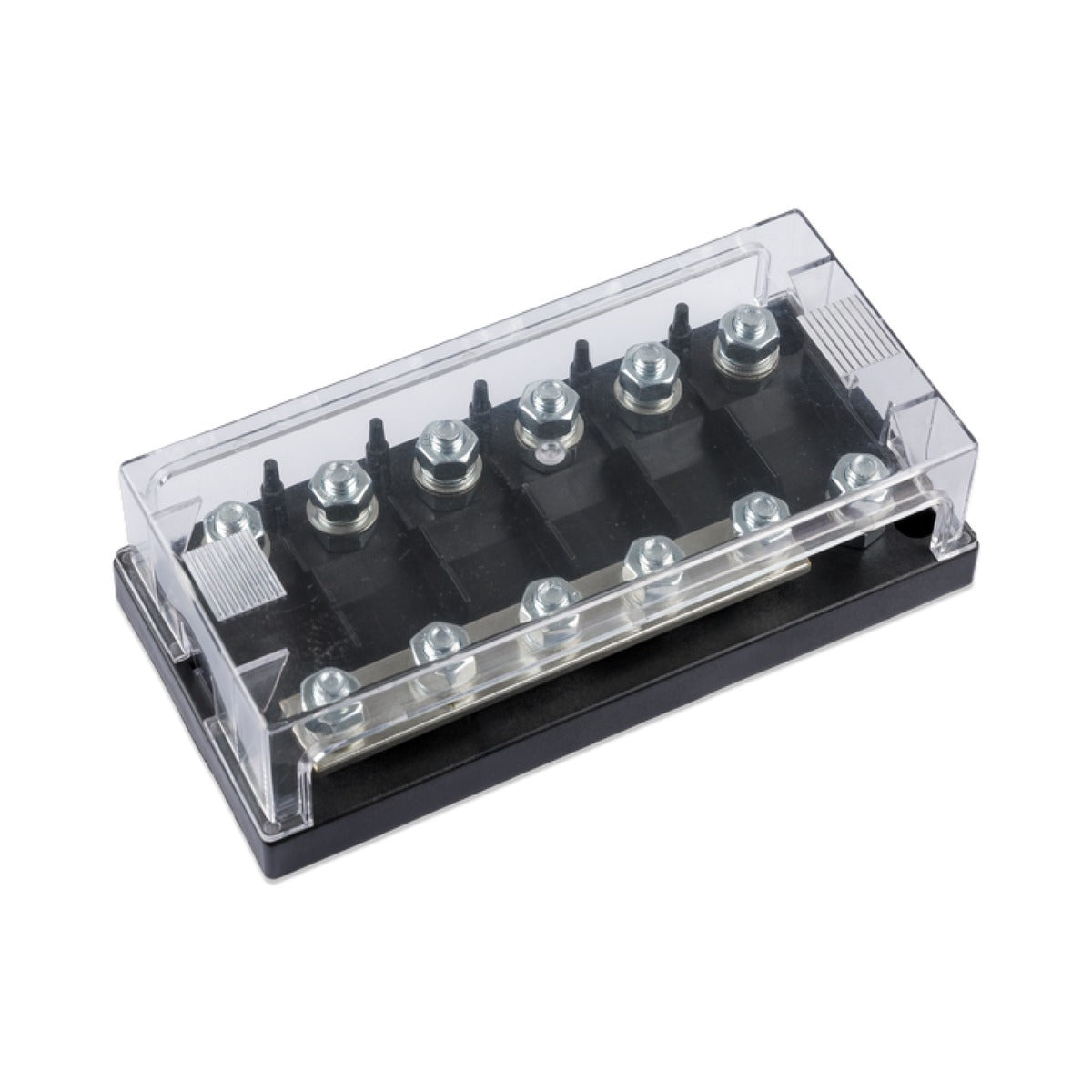 Victron CIP050060000 6-way MEGA fuse holder with busbar, clear cover over two rows of studs on a black base