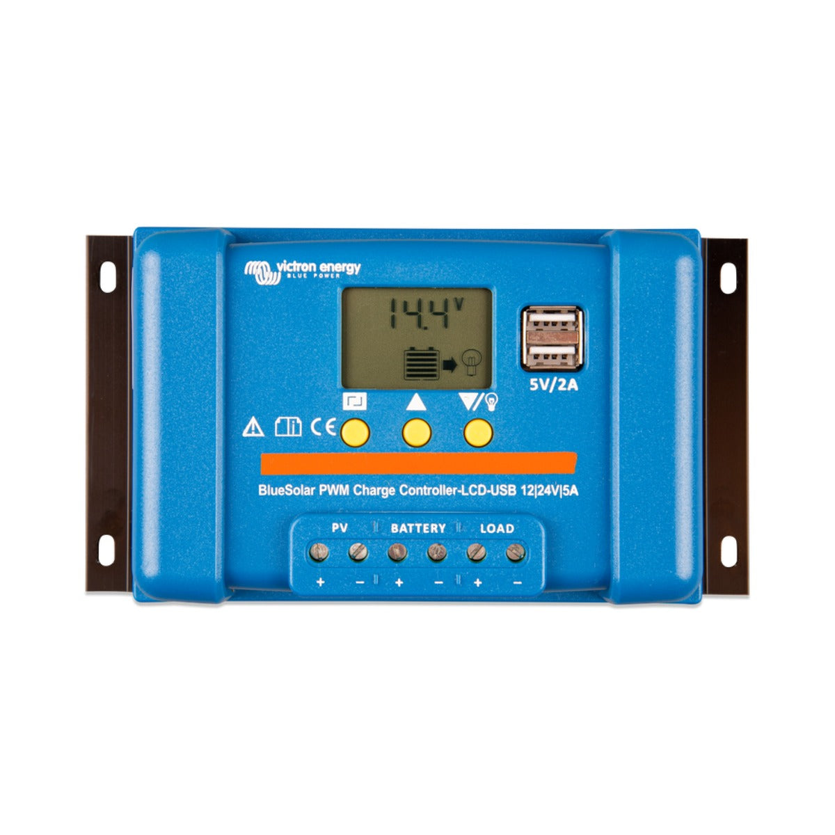 Victron SCC010005050 BlueSolar PWM LCD and USB 12/24 V 5 A, blue controller with an LCD reading 14.4 V and USB ports
