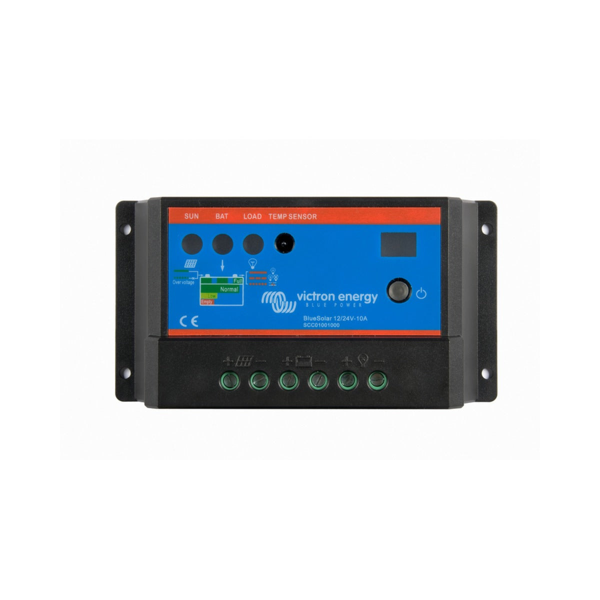 Victron SCC010010000 BlueSolar PWM-Light 12/24 V 10 A, dark controller with a blue panel, buttons and green terminals
