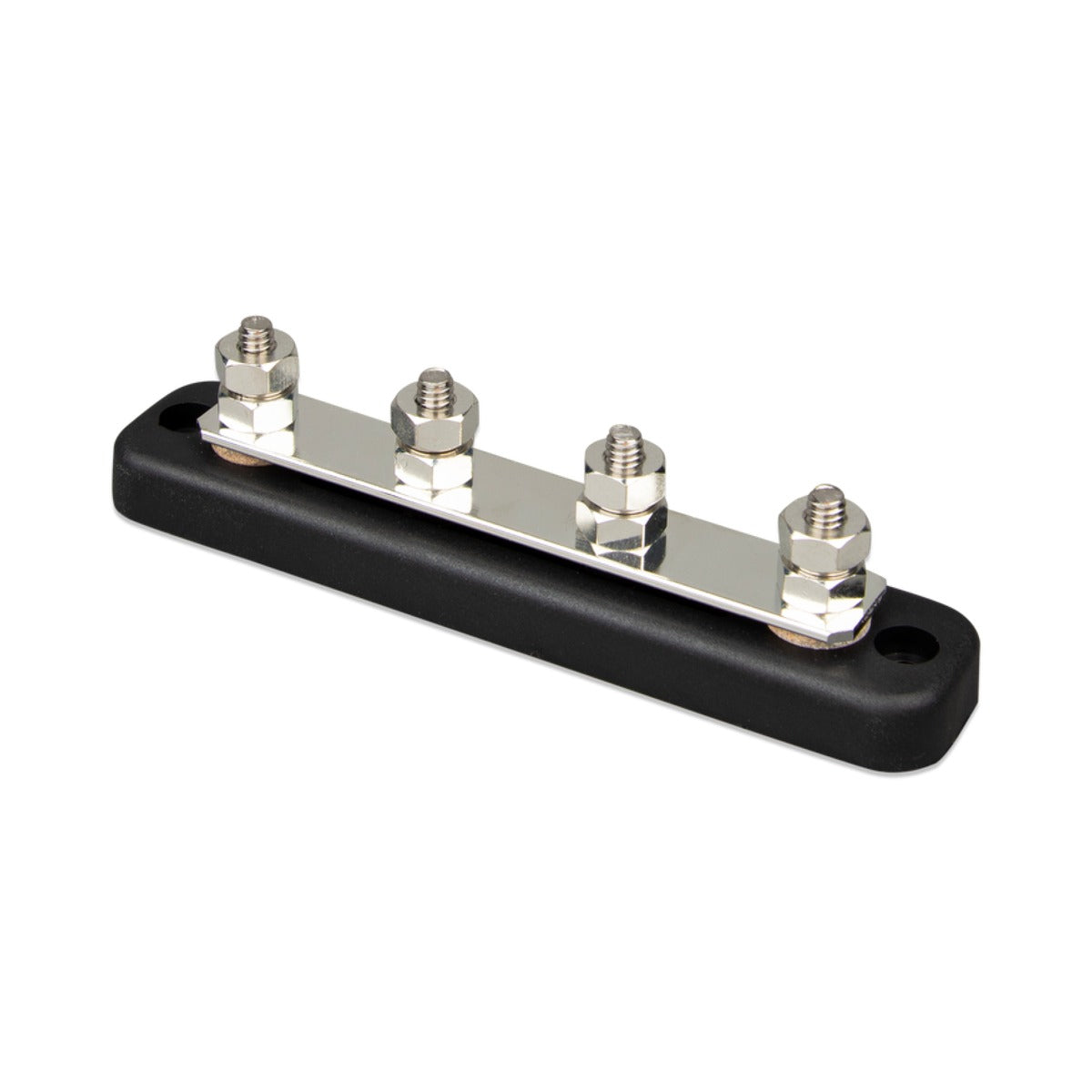 Victron VBB115040020 busbar 150 A 4-pole with cover, four studs on a metal bar mounted on a black insulating base