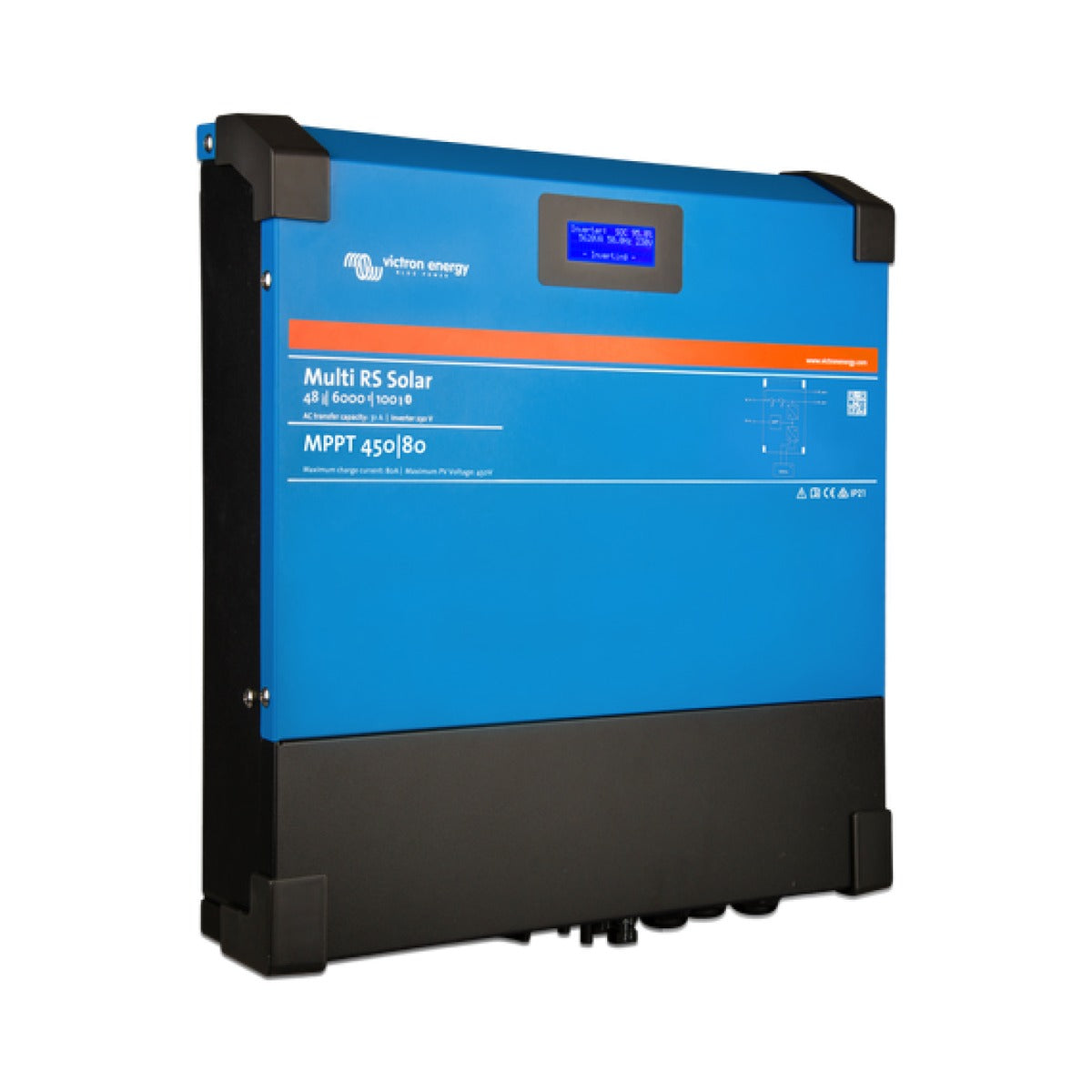 Victron PMR482602000 Multi RS Solar 48/6000/100, wide blue inverter charger with an LCD and a black base