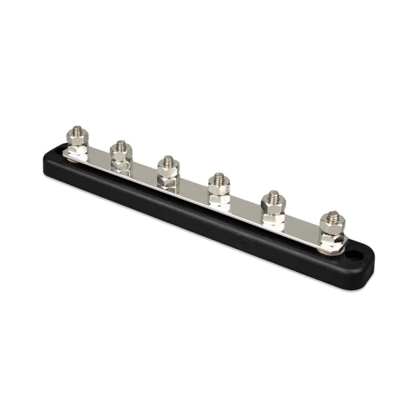 Victron VBB115060020 busbar 150 A 6-pole with cover, six studs on a metal bar mounted on a black insulating base