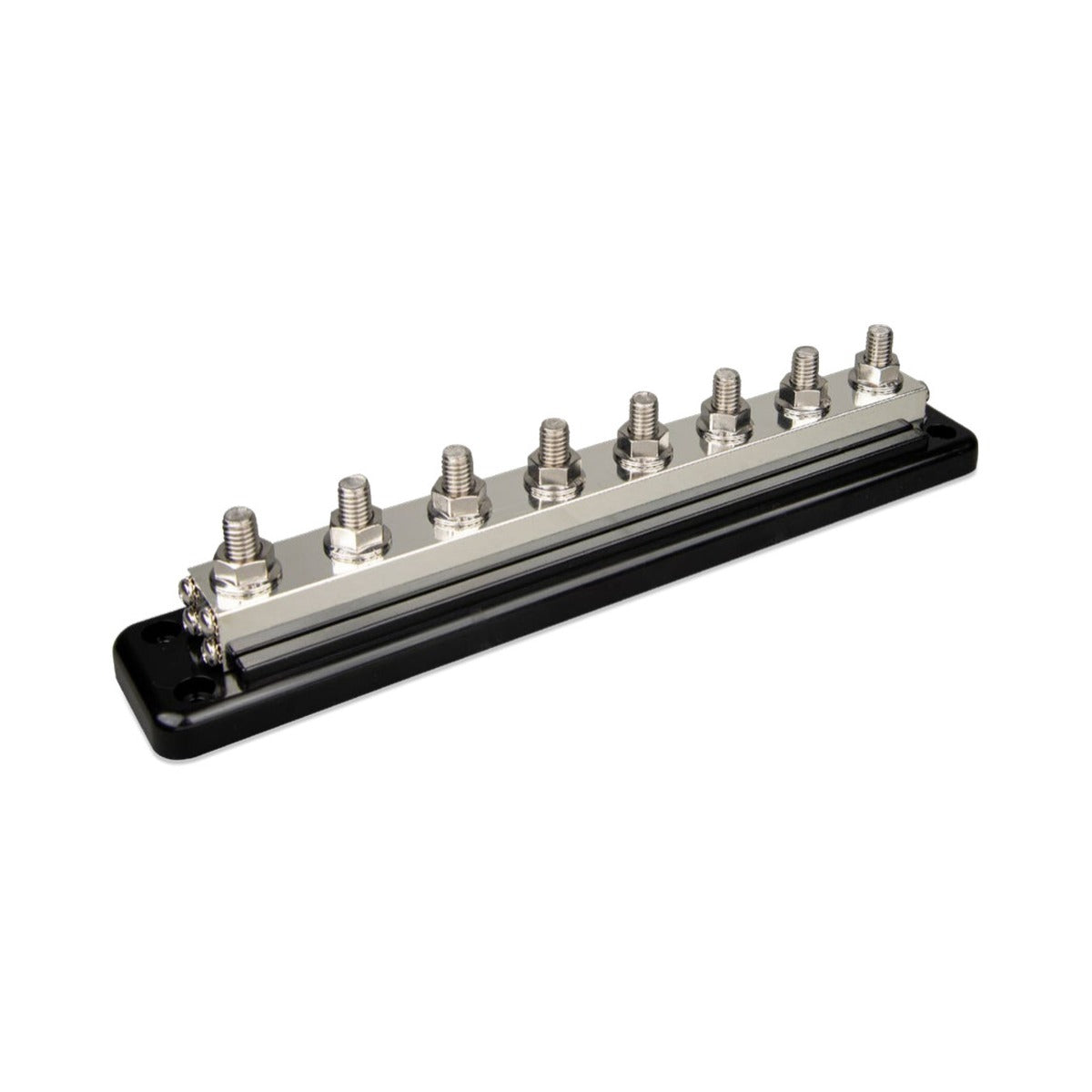 Victron VBB160080010 busbar 600 A 8-pole with cover, eight studs on a metal bar mounted on a black insulating base