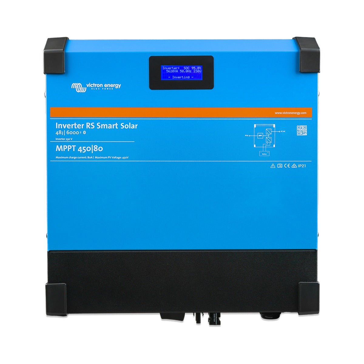 Victron PIN482601000 Inverter RS 48/6000 230 V Smart Solar, blue inverter with an LCD and black corner caps