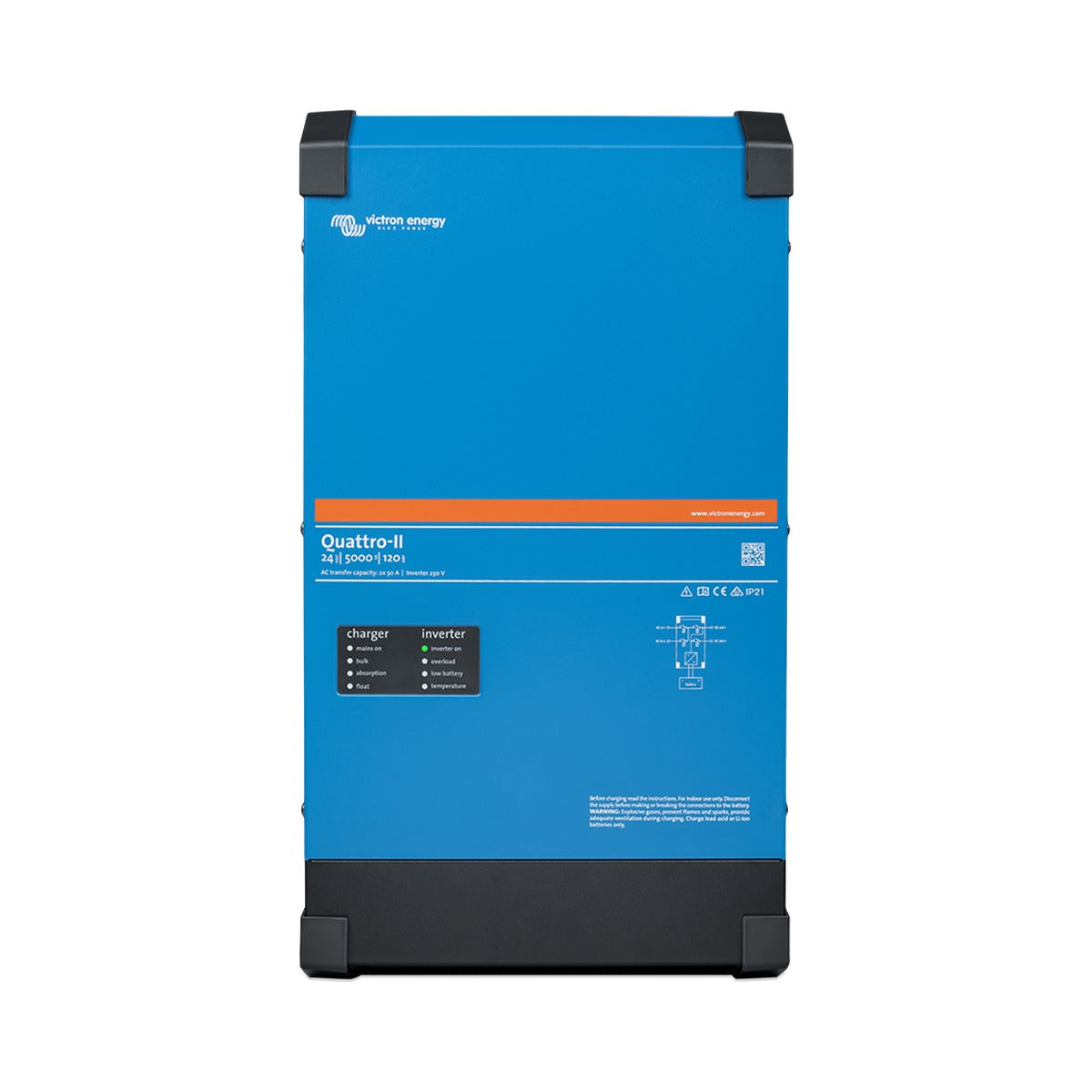 Victron QUA482504010 Quattro-II 48/5000/70-50 inverter charger, tall blue unit with black corner caps and a front label