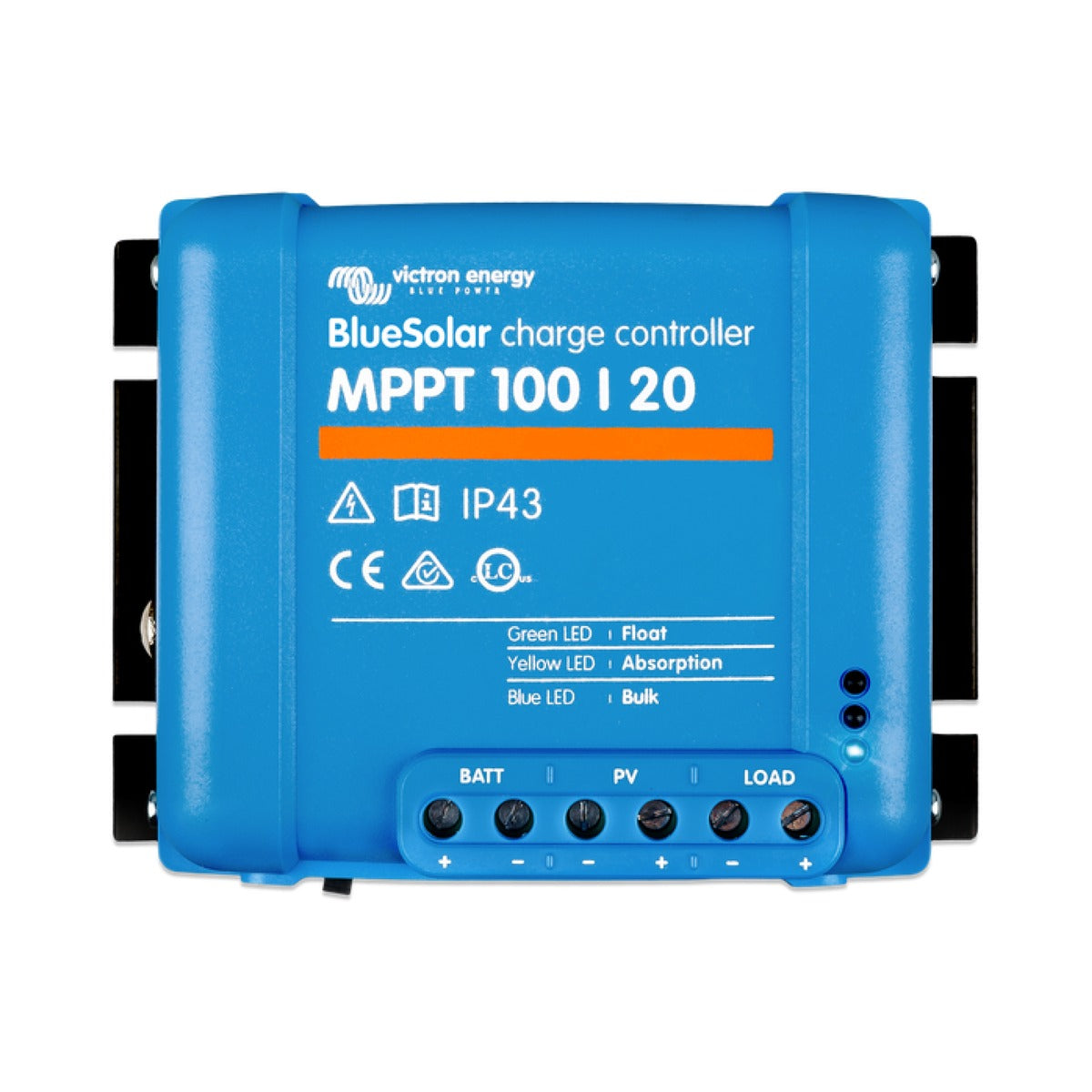 Victron SCC110020170R BlueSolar MPPT 100/20-48 V, front view of a blue case with black ears and terminals