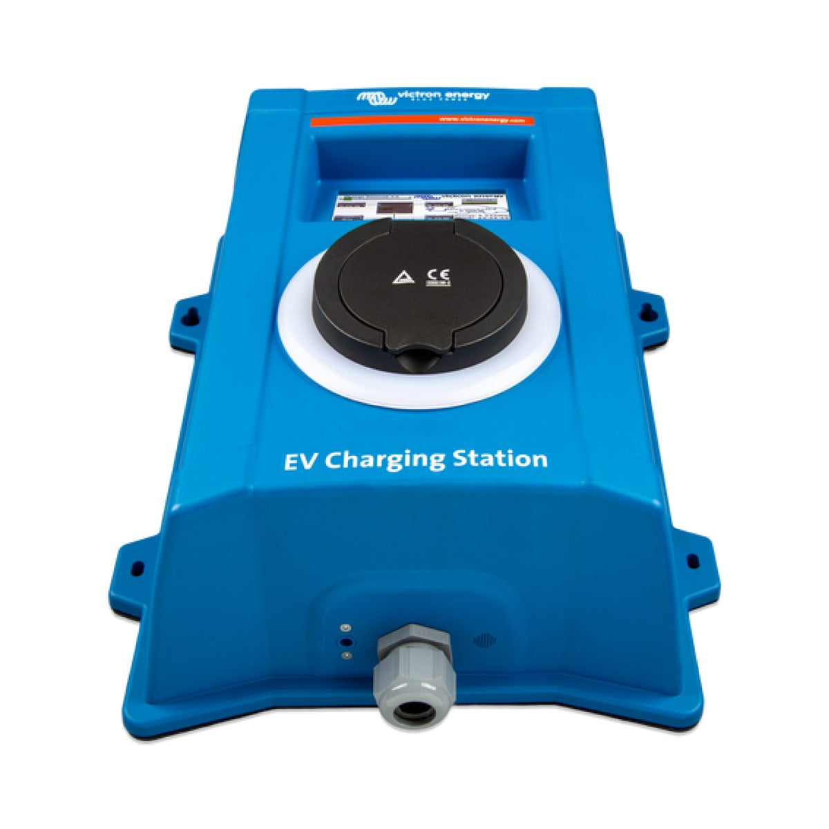 Victron EVC300400300 EV charging station 22 kW, blue wall unit with a charging socket in a white ring and a cable gland