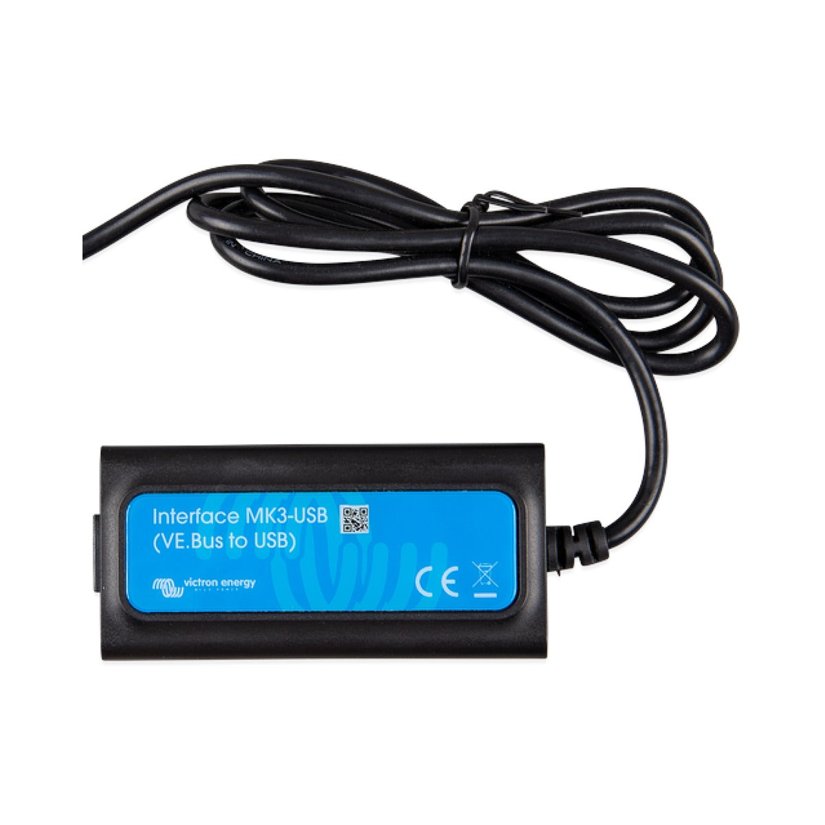 Victron ASS030140030 MK3 to USB-C interface, black cable with a black and blue module labelled Interface MK3-USB