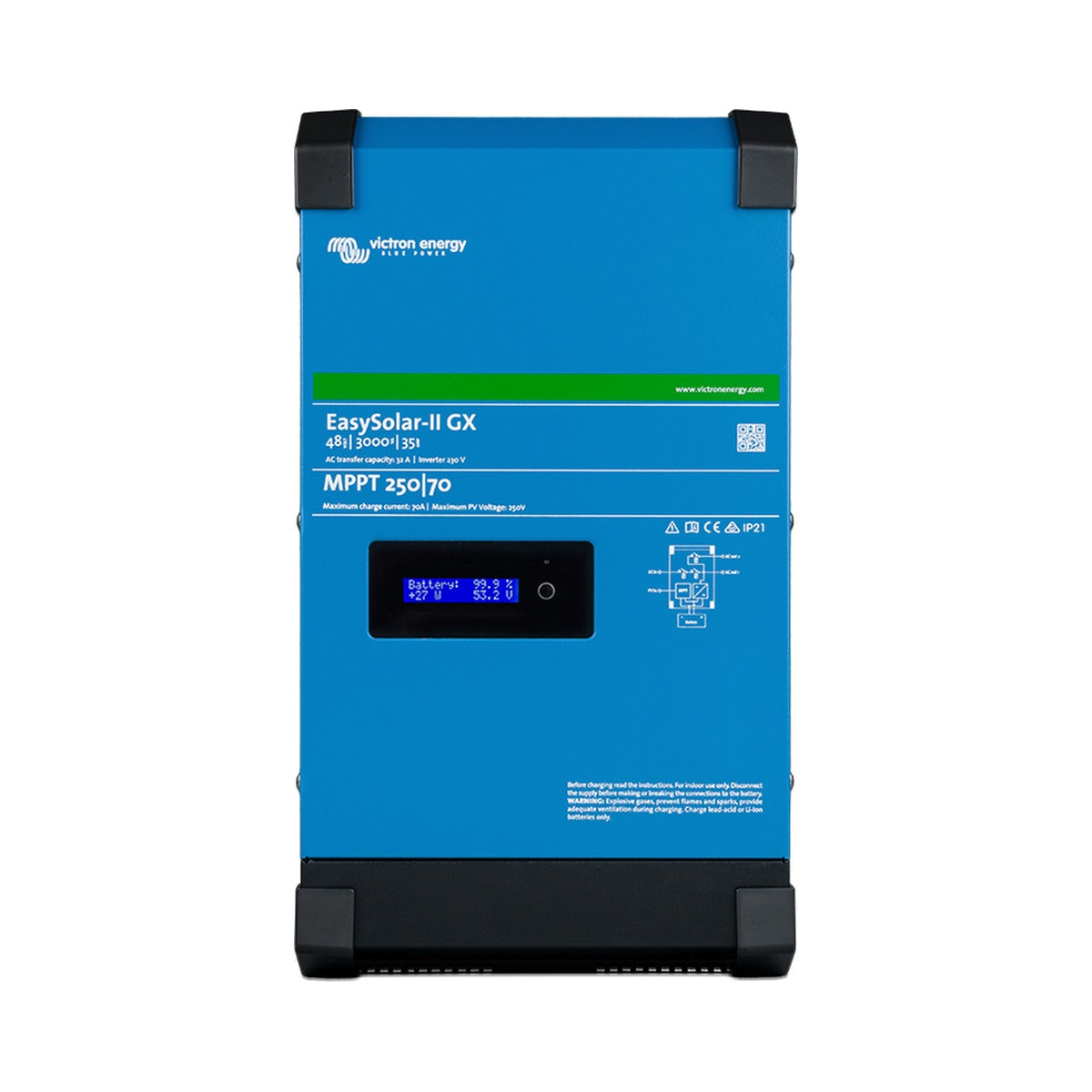 Victron PMP242307010 EasySolar-II GX 24/3000/70 250/70, tall blue unit with an LCD and black corner caps