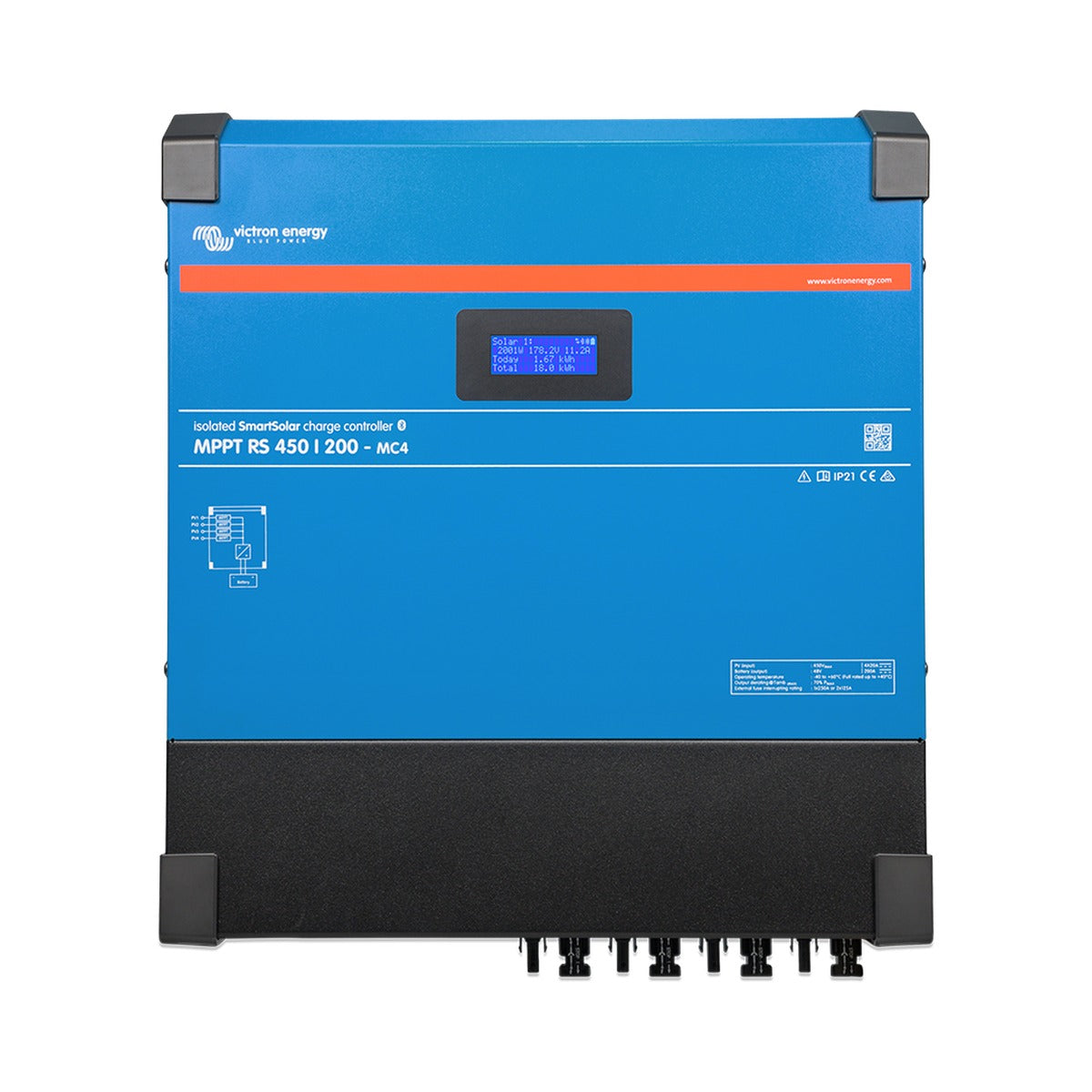 Victron SCC145120512 SmartSolar MPPT RS 450/200 charge controller, blue case with an LCD and PV connectors underneath