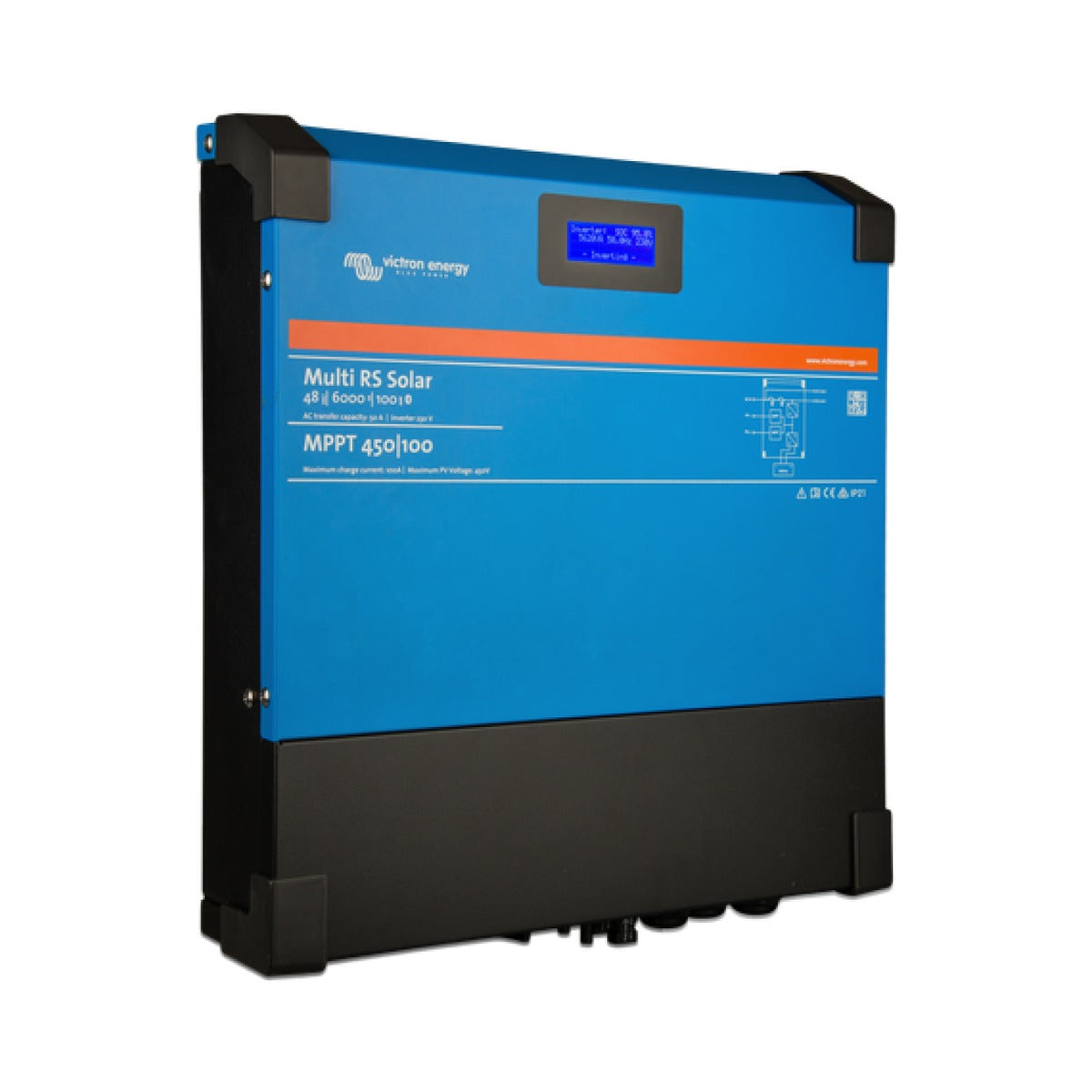Victron PMR482602020 Multi RS Solar 48/6000/100, wide blue inverter charger with an LCD and a black base