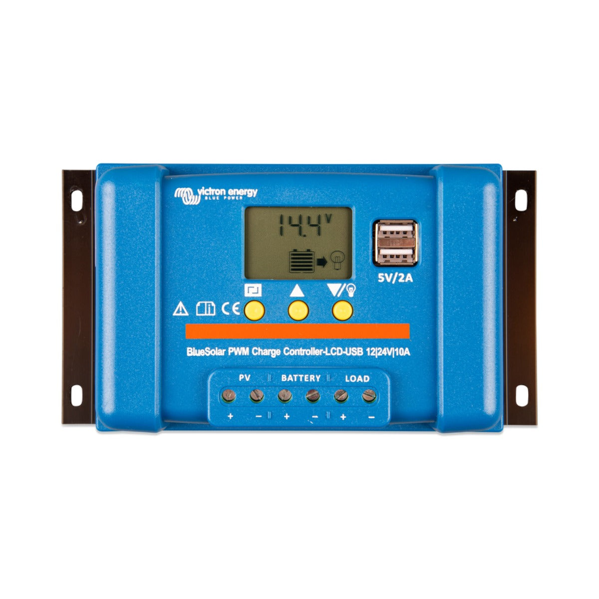 Victron SCC010030050 BlueSolar PWM LCD and USB 12/24 V 30 A, blue controller with an LCD reading 14.4 V and USB ports