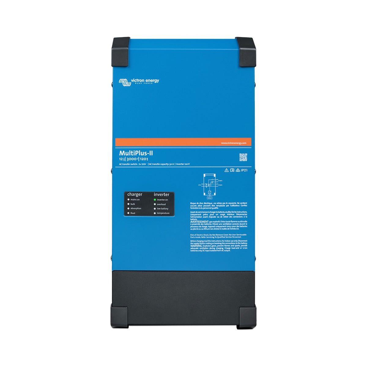 Victron PMP242305130 MultiPlus-II 24/3000/70-50 120 V, tall blue inverter charger with black corner caps