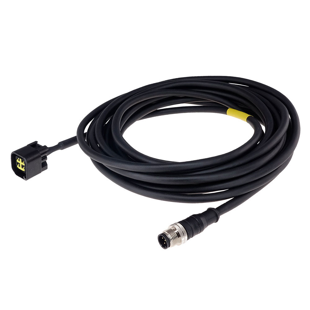 LXNav Yamaha NMEA 2000 cable 3 m, Yamaha-N2K-3M, coiled black cable with a yellow band, a Yamaha plug and a round NMEA plug