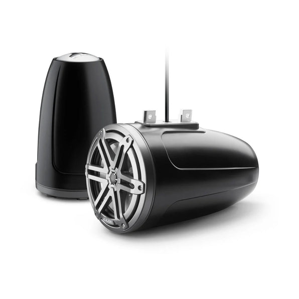JL Audio M3 010-03267-00 7.7in enclosed tower speakers in grey sport, black pods with grille on one speaker