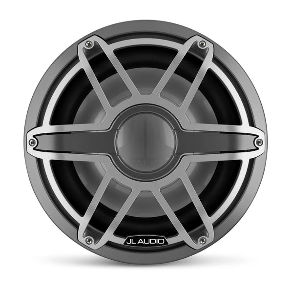 JL Audio M7 010-03288-00 12in marine subwoofer with titanium sport grille, front view of cone and grille