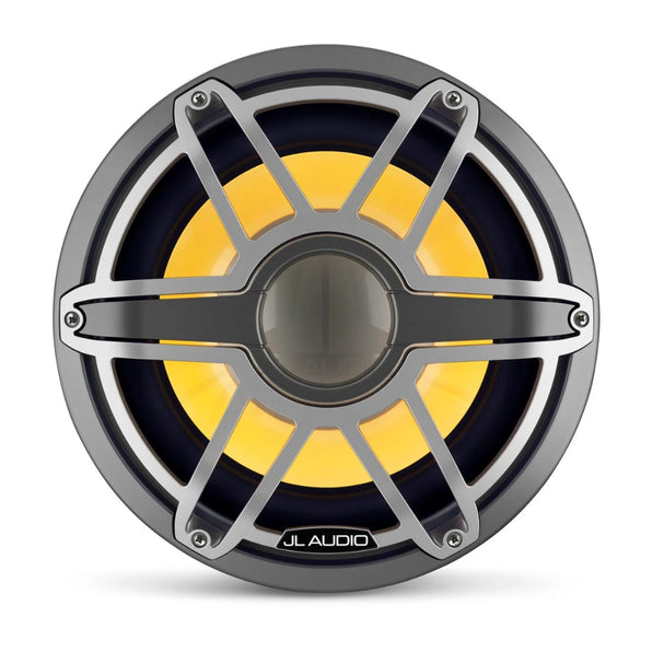 JL Audio M7 010-03289-00 12in marine subwoofer with RGB LED, titanium sport grille lit yellow, front view