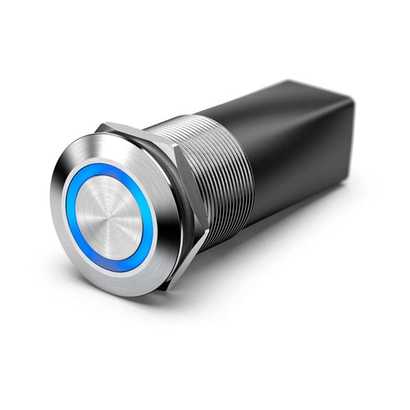 JL Audio M-DRC-50 010-13551-00 digital preset controller, steel push button with a blue ring on a black body