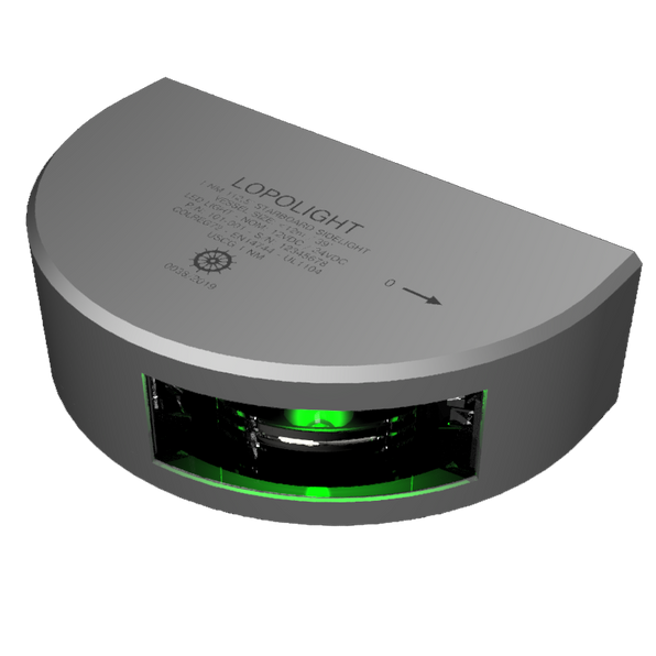 Lopolight NL101-001 6M starboard sidelight with 6m cable, silver body angled view, green lens glowing on black