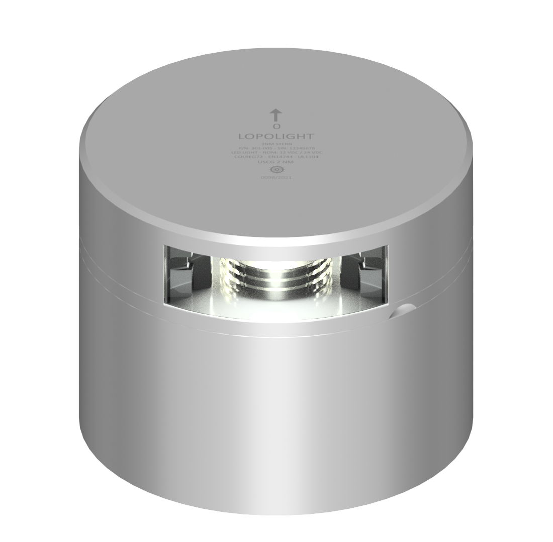 Lopolight NL301-005-CD silver anodised 135° stern light, cylindrical body with white LED lens, CD base