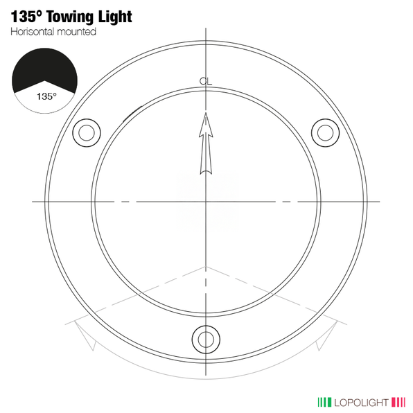 Lopolight NL301-005-PRO diagram, 135° towing light horizontal mount, plan view showing three base screw holes