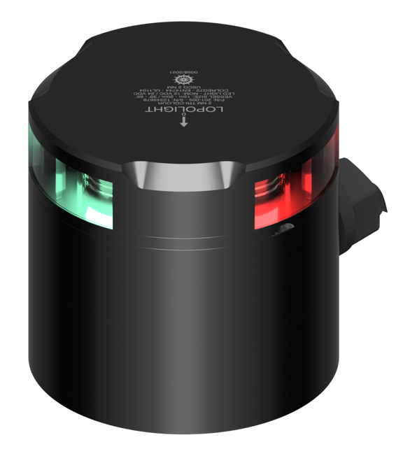 Lopolight NL201-005-B TB black tricolour light on tall IP68 base, red and green lenses and side connector visible