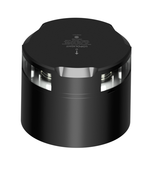 Lopolight NL201-021-B-CD black 3nm masthead/360° white light with connector base, front three-quarter view