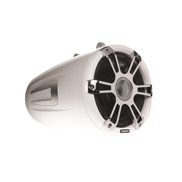 Fusion SG-FT88SPW 010-02082-10 wake tower speaker in white, tapered housing with sports grille, angled view