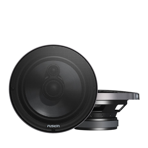 Fusion Performance 6 inch 3-way speaker, PF-FR6030, round black grille speaker with a second speaker seen behind it