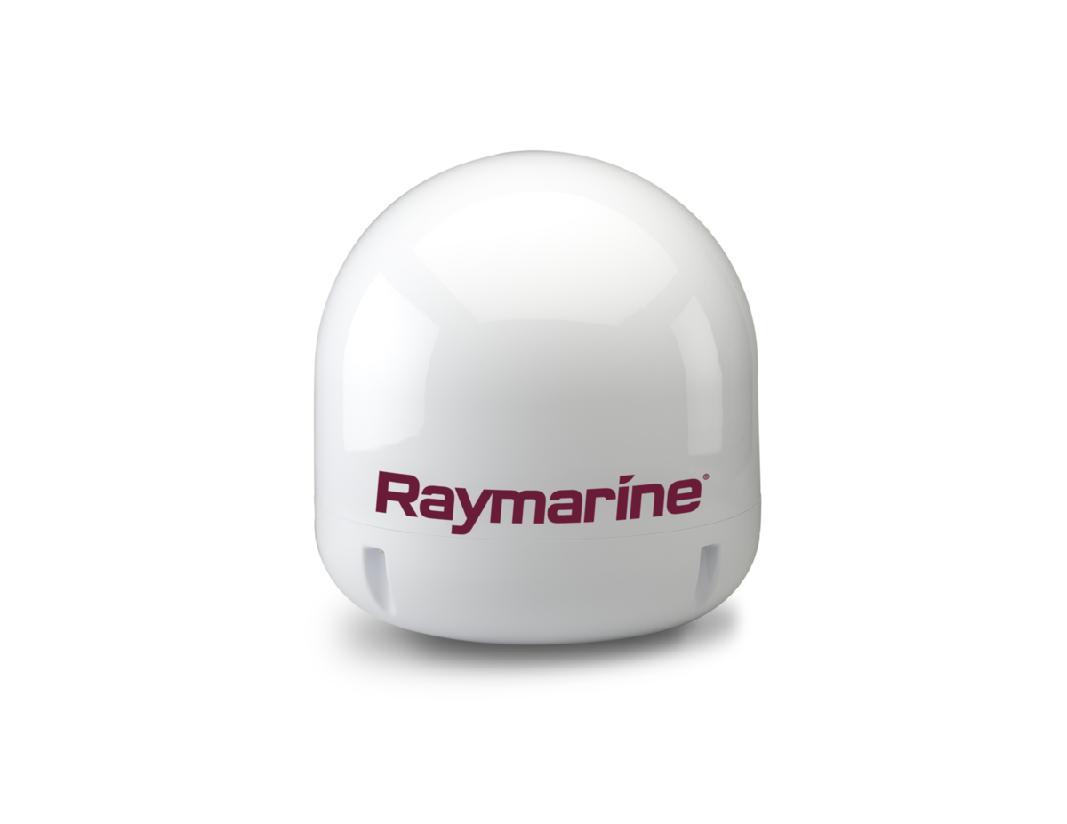 Raymarine 60STV 60cm HD Gen 2 satellite TV antenna E70471, front view of the white dome with the Raymarine logo