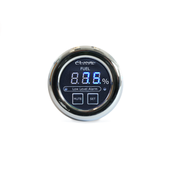 Oceanic Systems NMEA 2000 digital tank level gauge, OS-N2K-GAUGE-3350-W, round chrome gauge, blue digits, Mute and Set keys