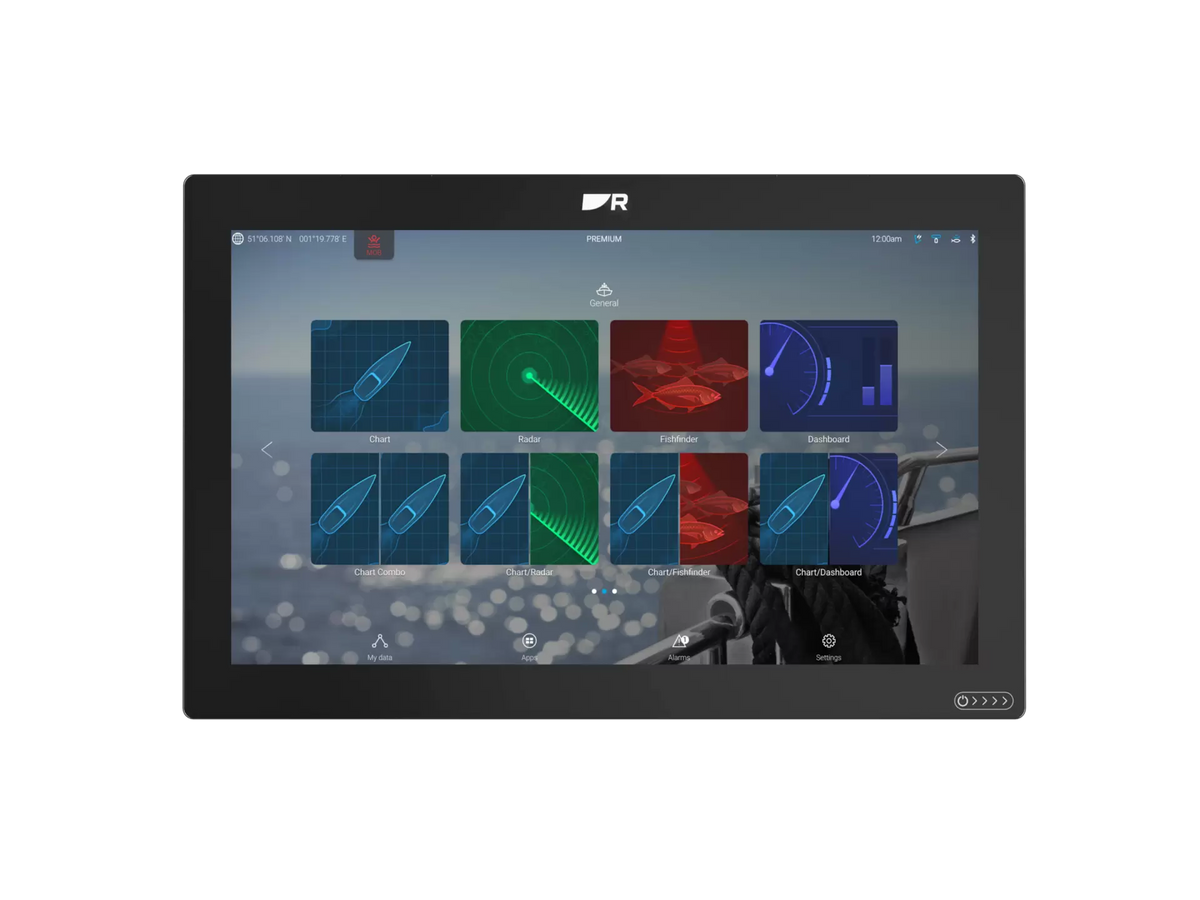 Raymarine T70546 Axiom 2 XL 19 chartplotter kit, black widescreen MFD showing a home screen of coloured app tiles