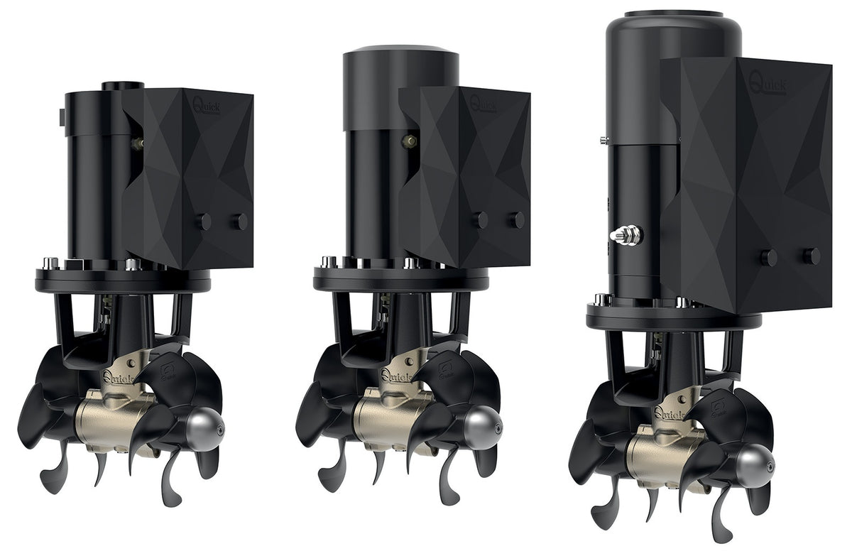 Quick FGBT18085120M00 BTQ185-85 bow thruster 85kgf 12V MSC, three black thrusters with brackets, props