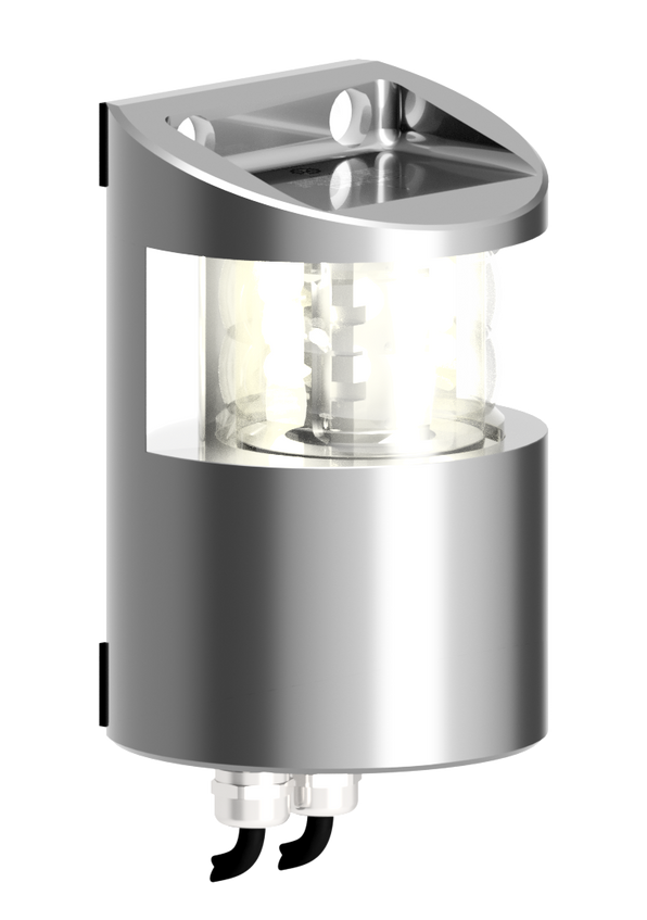 Lopolight NL300-039-CD silver 225° masthead double light, angled view with two cable glands below, lit lenses