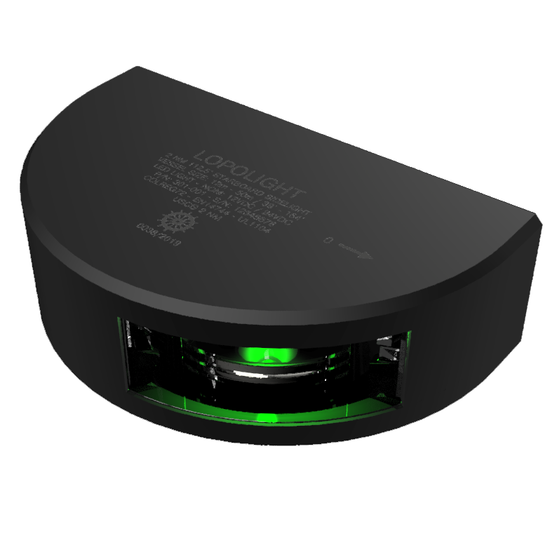 Lopolight NL301-001-B black 112.5° starboard sidelight with green LED glowing in lens, angled view