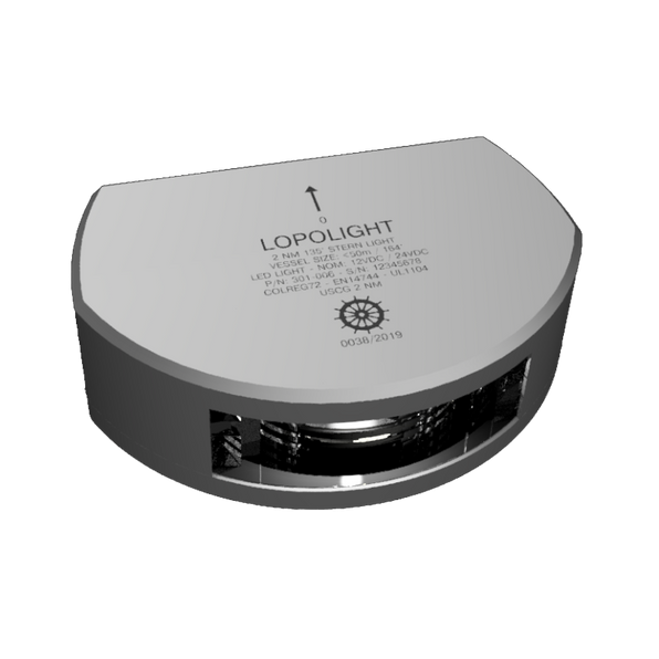 Lopolight NL301-006 6M silver 135° stern light, D-shaped housing with lens opening, three-quarter front view