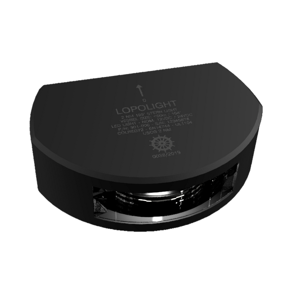 Lopolight NL301-006-B 6M black anodised 135° stern light, D-shaped housing with lens, front three-quarter view