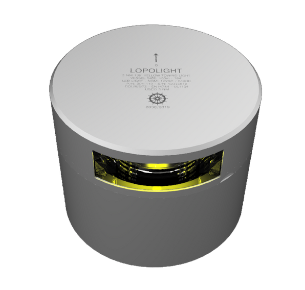 Lopolight NL301-113 silver 135° yellow towing light, angled view of low cylinder with yellow lens and label
